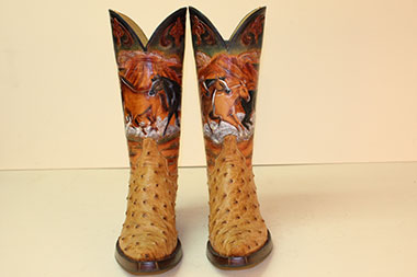 handtooled wild horse scene shafts with full quill ostrich vamps
