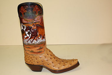 custom full quill ostrich boots with handtooled wild horse shafts