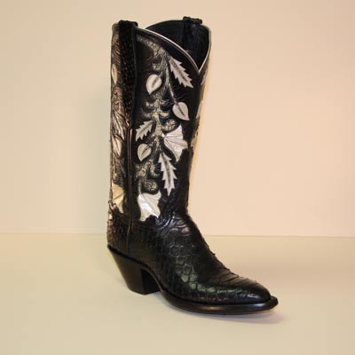Black Python Custom Wedding Boot w Gold Silver Flowers