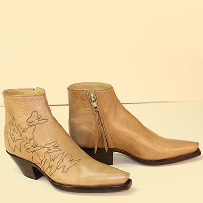 one-piece horse leather botine with hand stitched butterflies