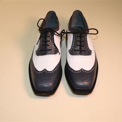 White Kangaroo and Navy Tezu Lizard Wingtip Custom Made Golf Shoe